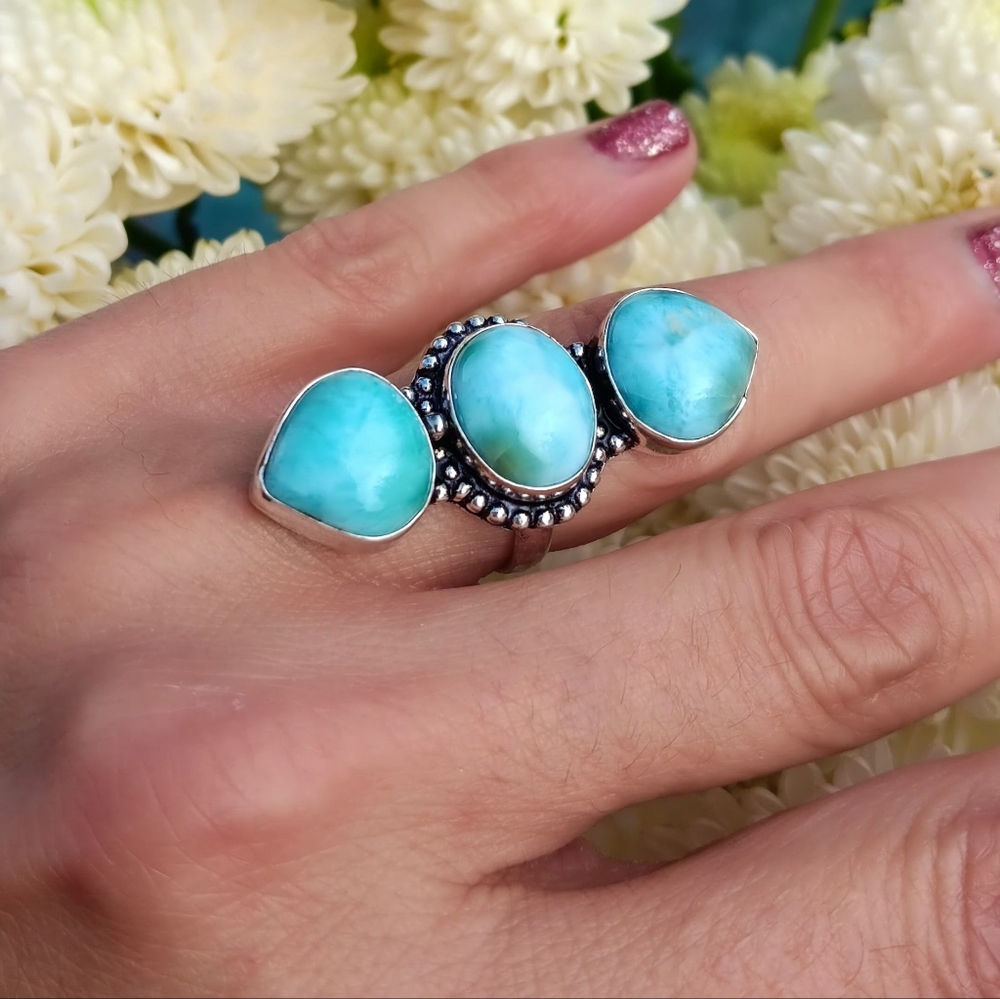 🩵 Large Aqua Larimar Sterling Silver Ring 925